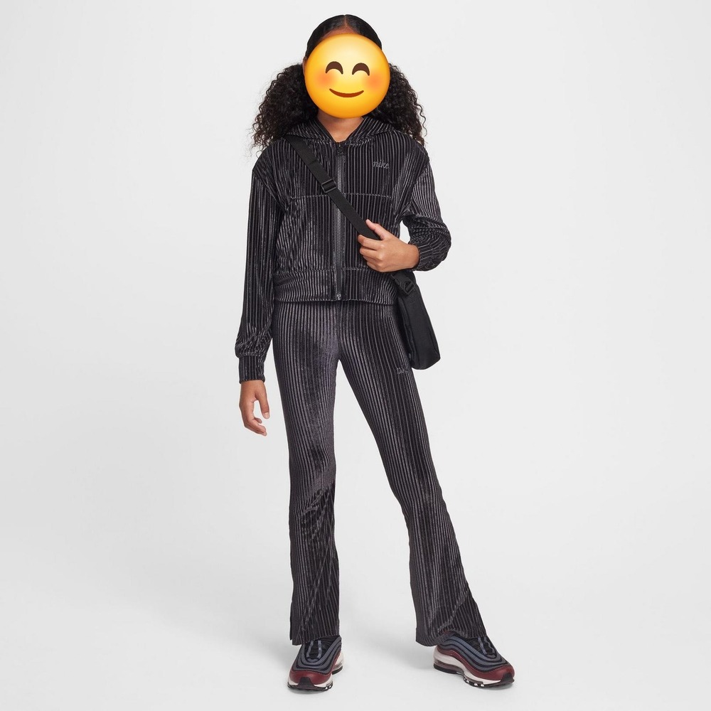 Nike Big Kids Ribbed Velour Tracksuit Set Black Silver Zip Hoodie Flare Pants M
